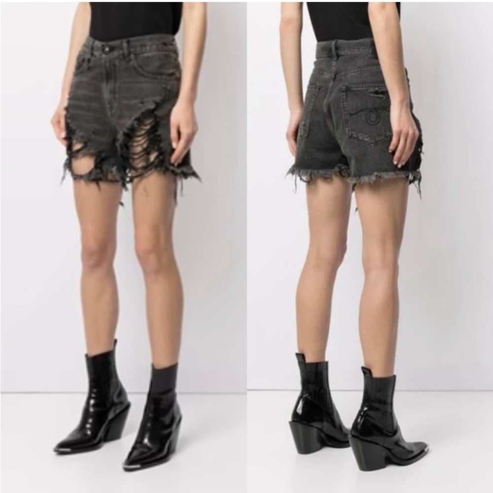 R13 black shredded slouch denim shorts sz 25